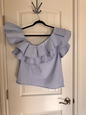 Main Strip Blue and White Striped One-Shoulder Ruffle Top